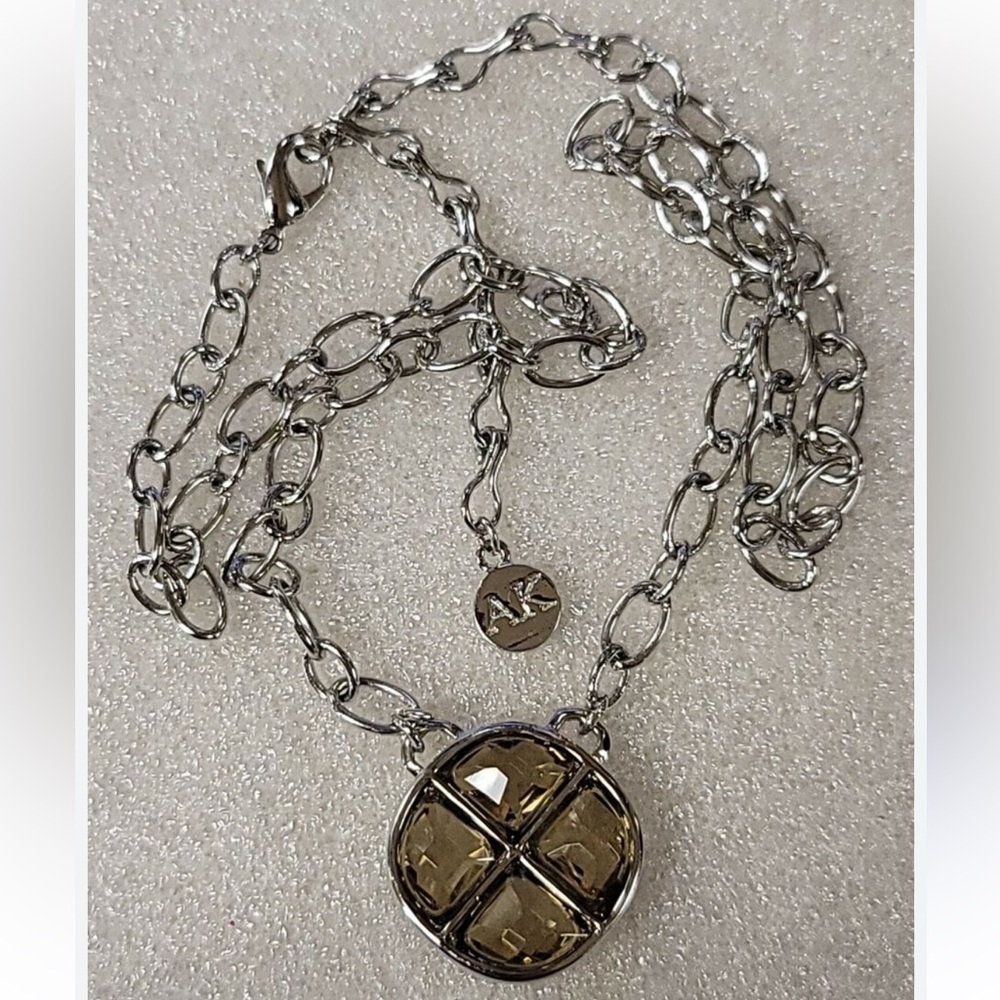 Authentic Anne Klein Signed "AK" Amber Glass Quad-Pendant Silvertone Necklace –